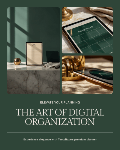 Templique digital planner shown on a tablet, forest green and cream editorial styling