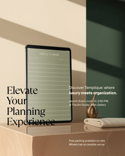 Templique digital planner shown on a tablet, forest green and cream editorial styling