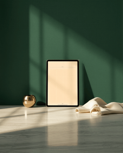 Templique digital planner shown on a tablet against a deep forest green wall, editorial styling