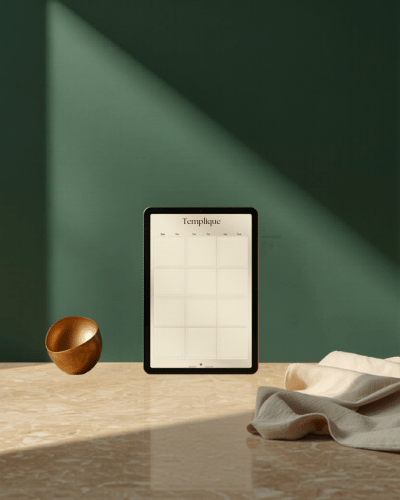 Templique digital planner shown on a tablet with brass sculpture, editorial styling